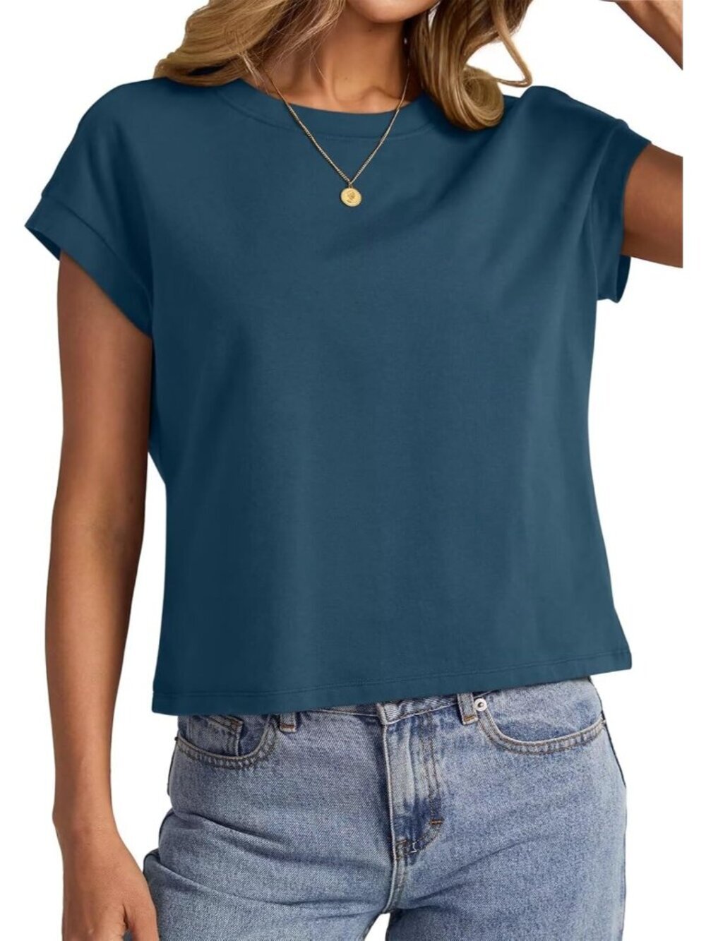 〽️Women's Light Yellow Cap Sleeve Crewneck Loose Fit Casual Pull On Crop Tops